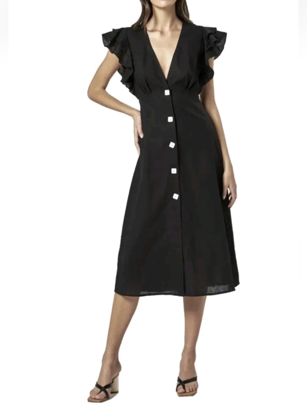 Charlie Holiday Black V-Neck Midi Dress with Square Buttons and Ruffle Sleeves